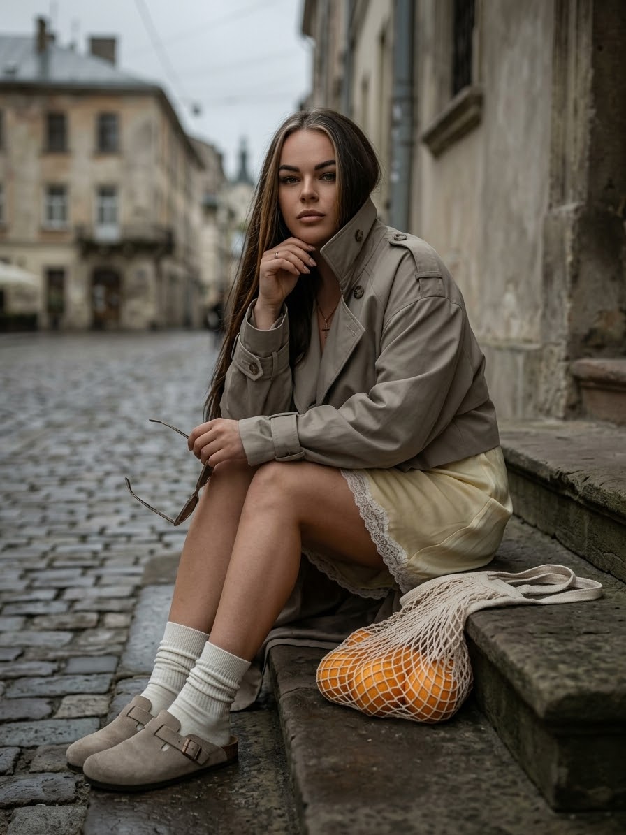 Міський lifestyle AI-портрет дівчини на старовинній вулиці